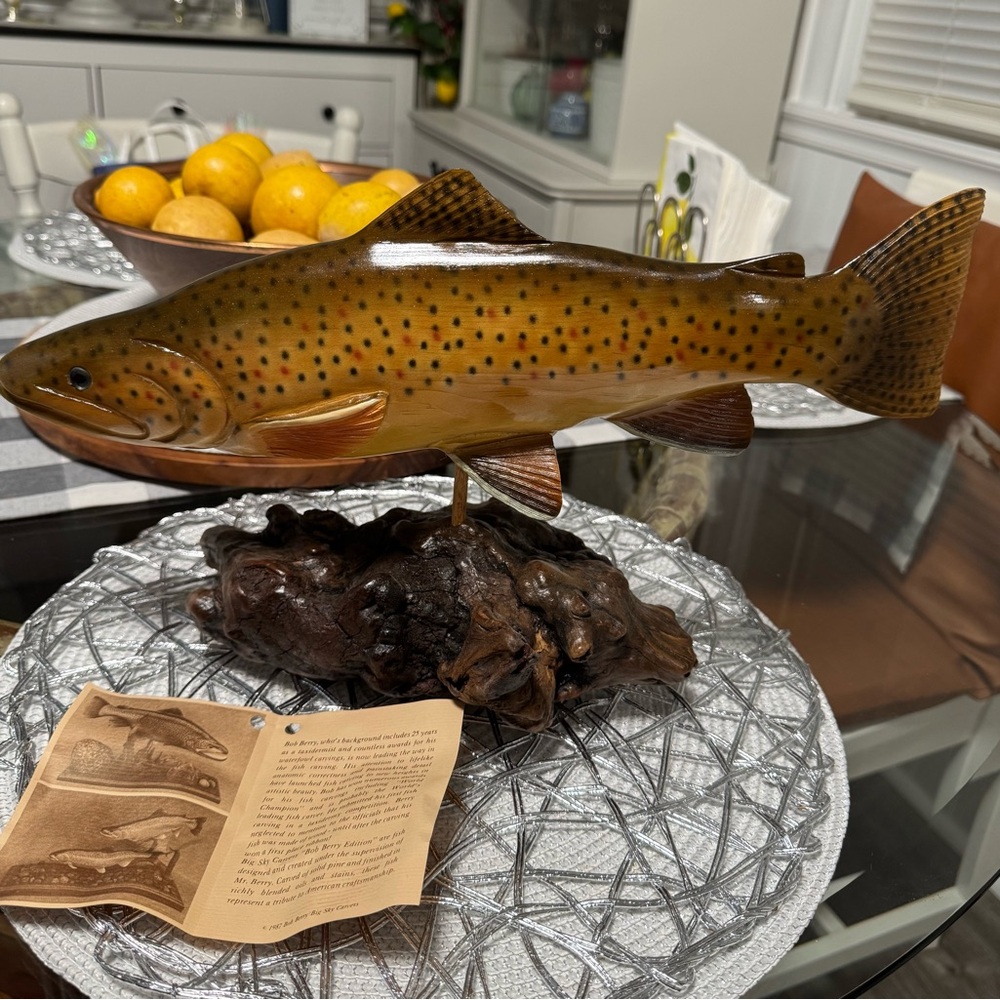 Vintage 1987 Handcrafted Brown Trout Sculpture on Driftwood Base!
